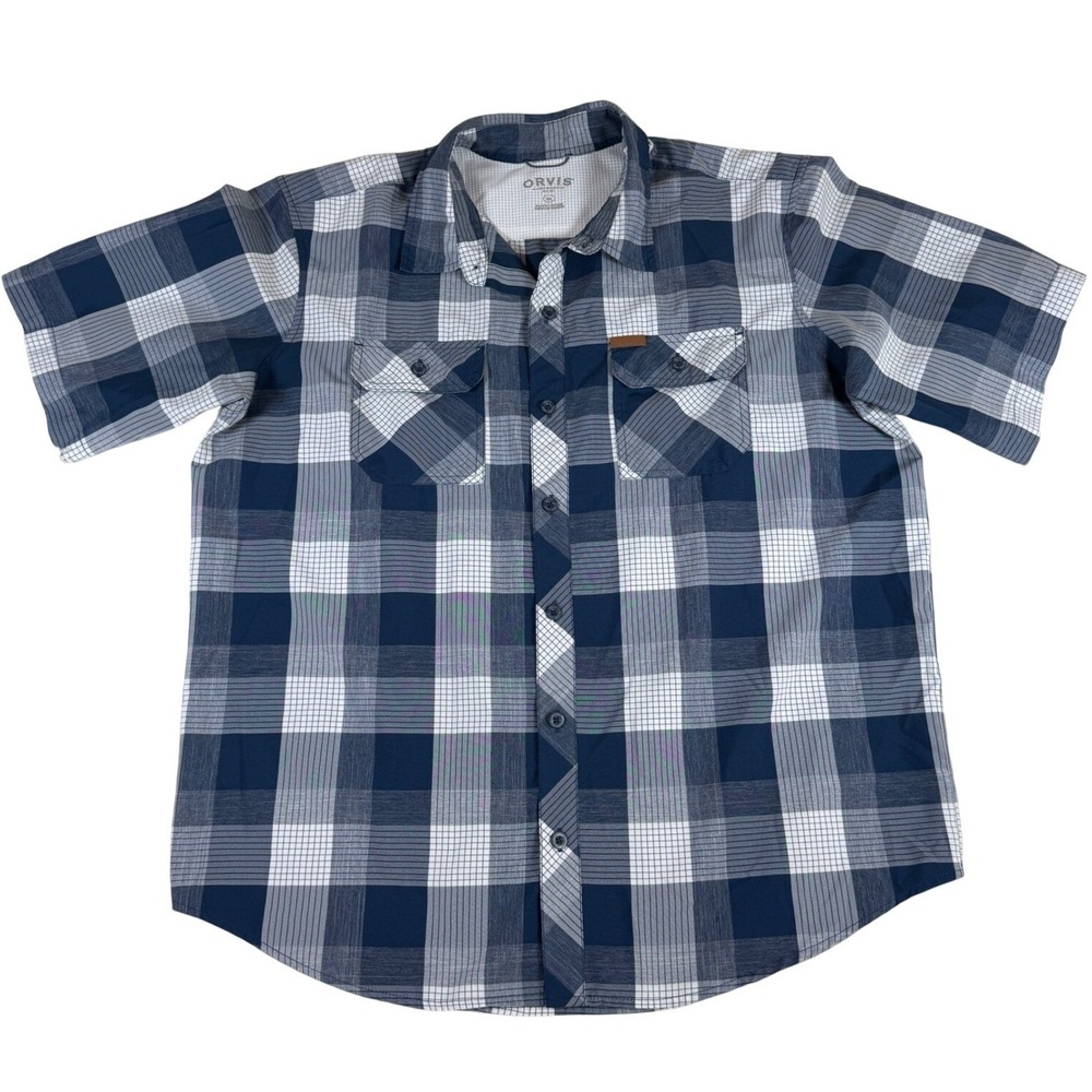 Orvis Mens XL Blue White Plaid Short Sleeve Button Up Shirt Outdoor Casual Gorp